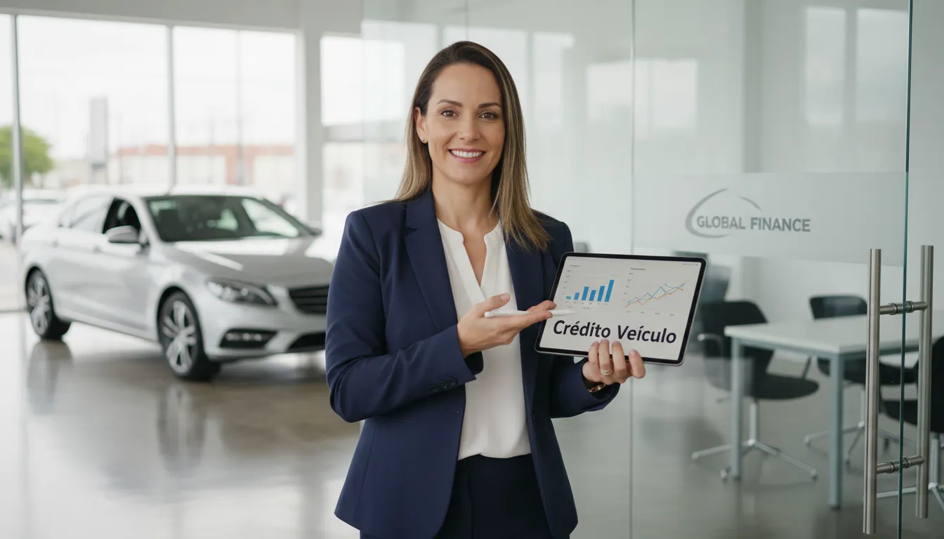 Pessoa sorrindo enquanto analisa opções de financiamento de veículo em um tablet, demonstrando a solução para empréstimo com veículo não quitado.