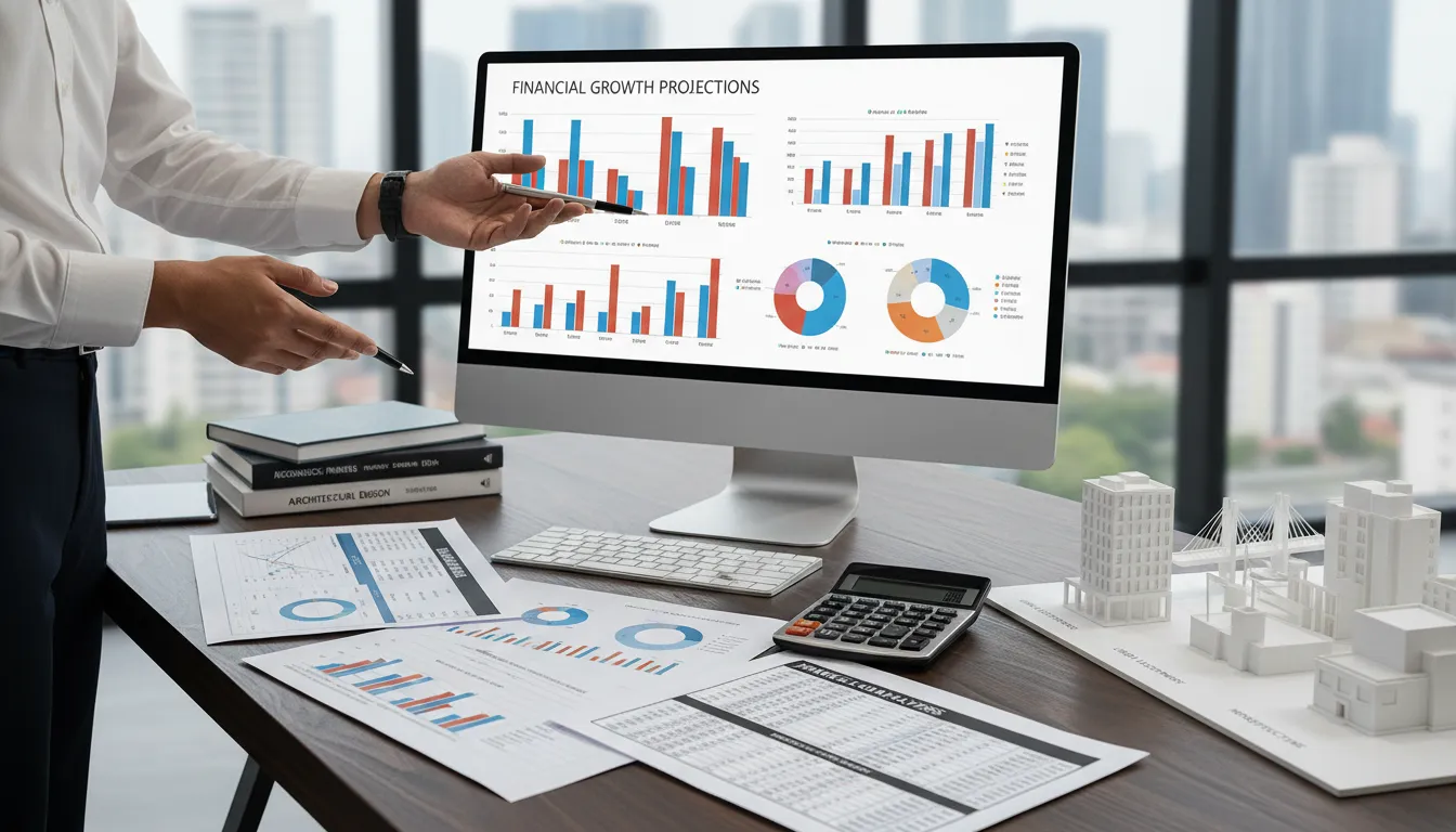 Simulação financeira e análise de planilhas para empréstimo de construção em mesa organizada.