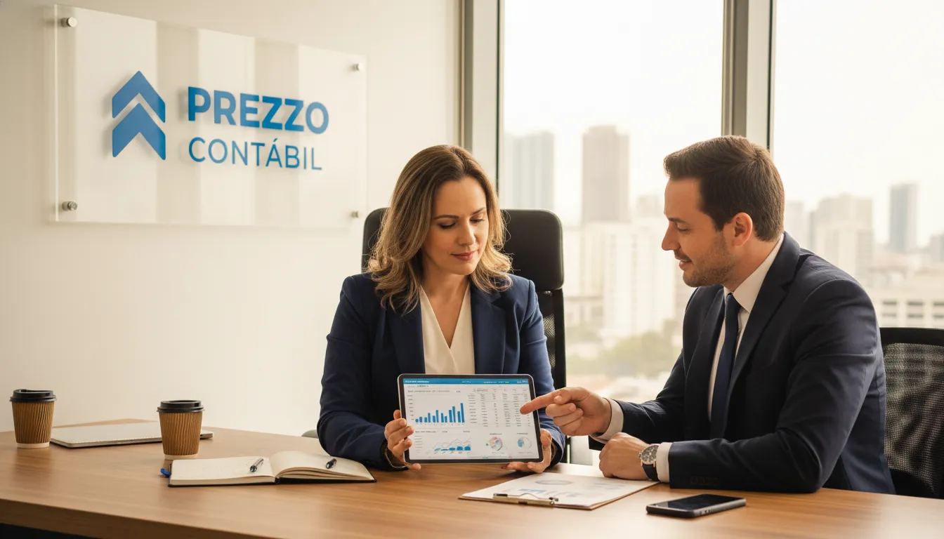 Um empreendedor de sucesso analisando dados financeiros com o apoio da Prezzo Contábil, simbolizando o controle e clareza no calculo hora extra e gestão financeira.