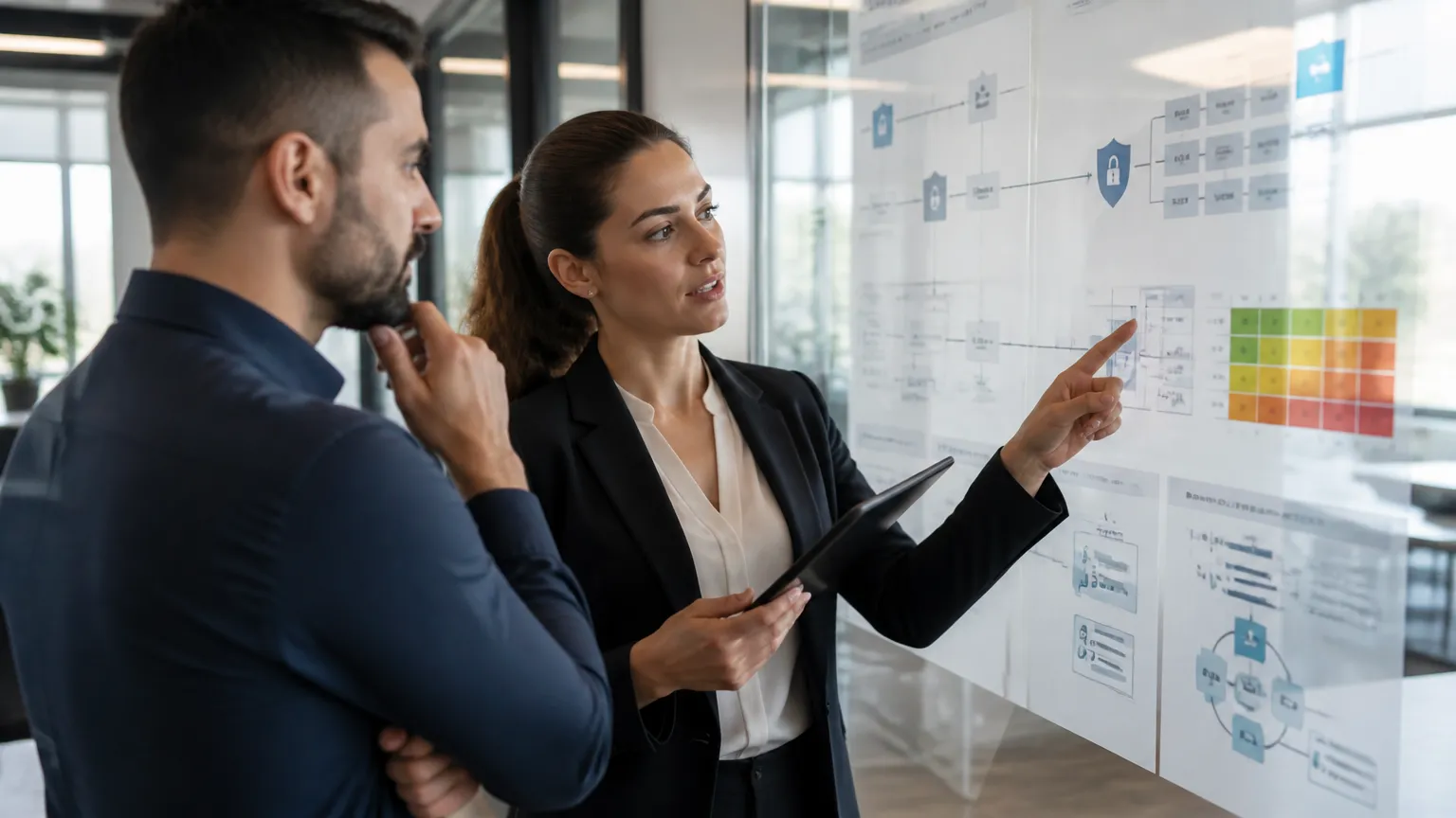 Consultores planejando estrutura de conformidade para atender exigências de SOC 2 corporativo.
