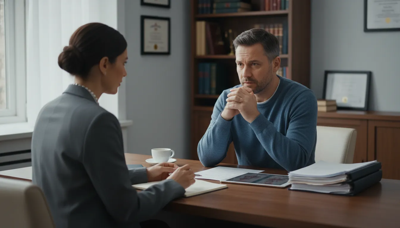 Cliente preocupado consulta um advogado sobre a negativa de seu plano de saúde em um escritório.