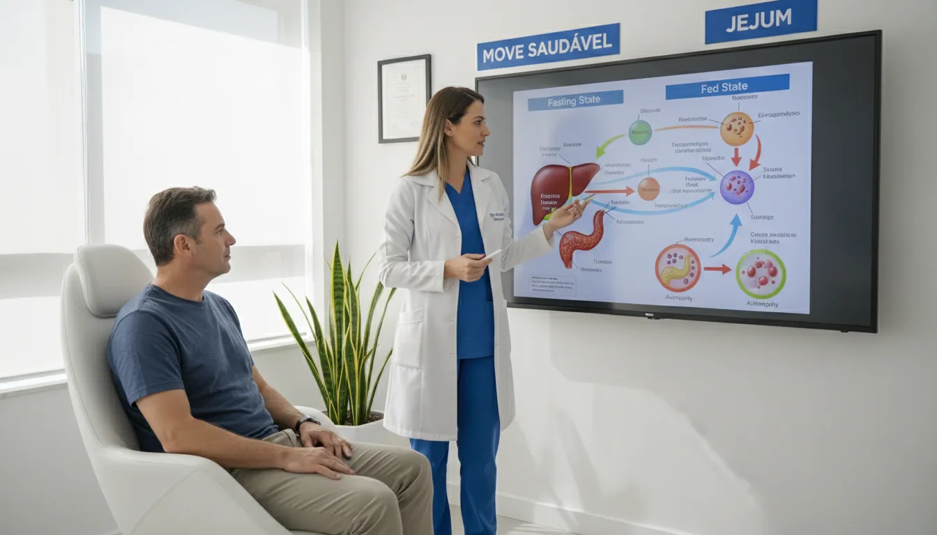 Médico explicando o processo metabólico do jejum intermitente para um paciente em consultório.