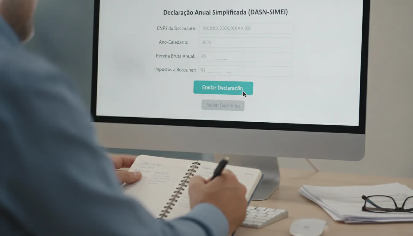 Tela de computador exibindo formulário online da declaração anual MEI, com cursor pronto para enviar.
