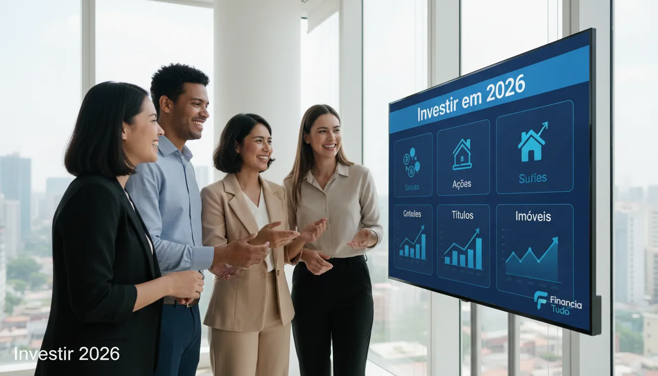 Pessoas diversas analisando opções de onde investir dinheiro em 2026, com o apoio da Financia Tudo para as melhores escolhas.