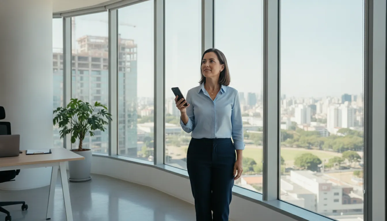 Brasileiro após resolver 1099-NEC o que fazer, empresária tranquila e confiante, sucesso fiscal.