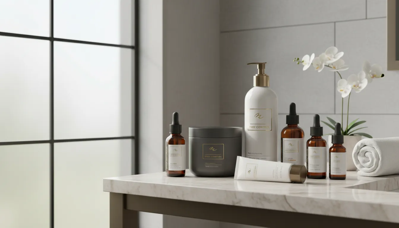 Produtos antifrizz variados sobre mesa de banheiro, destacando opções para diferentes tipos de cabelo