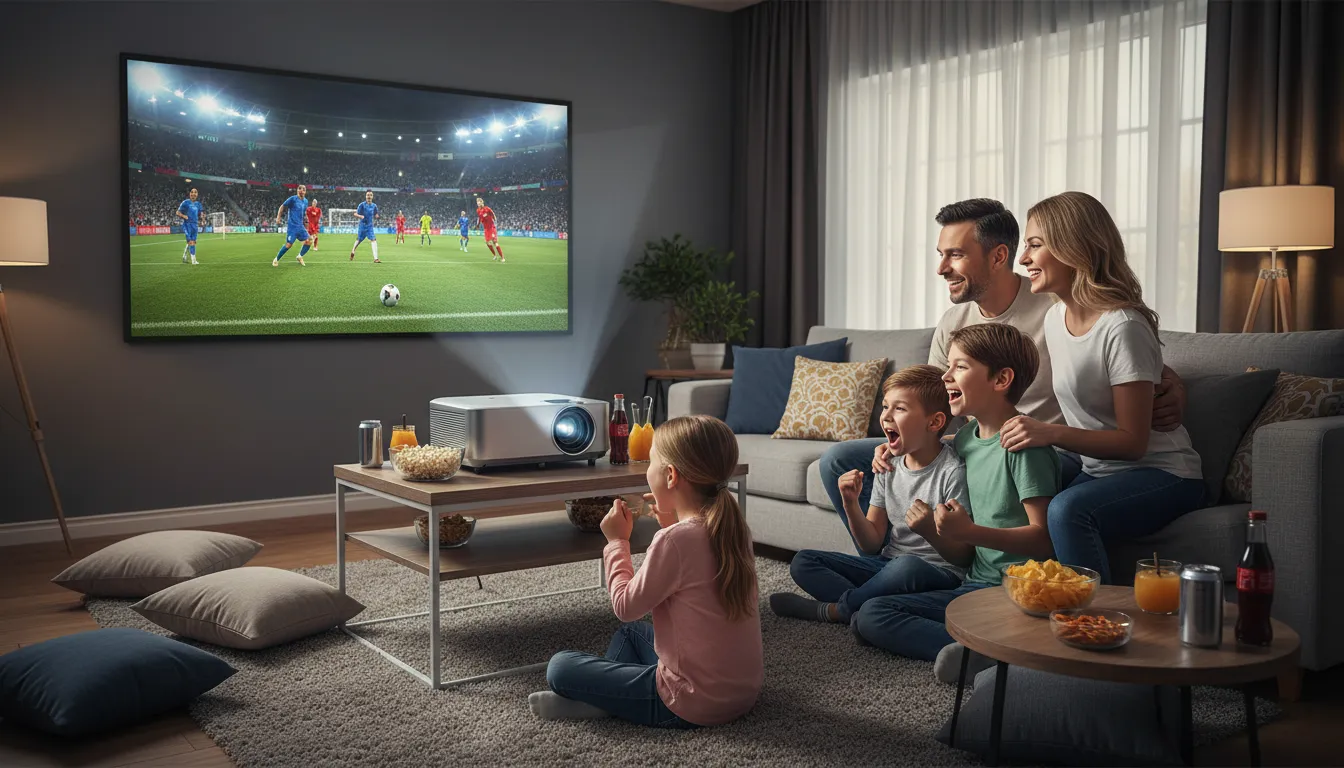 Família reunida em volta do projetor para ver jogo copa em casa, crianças vibrando, lanches e alegria.