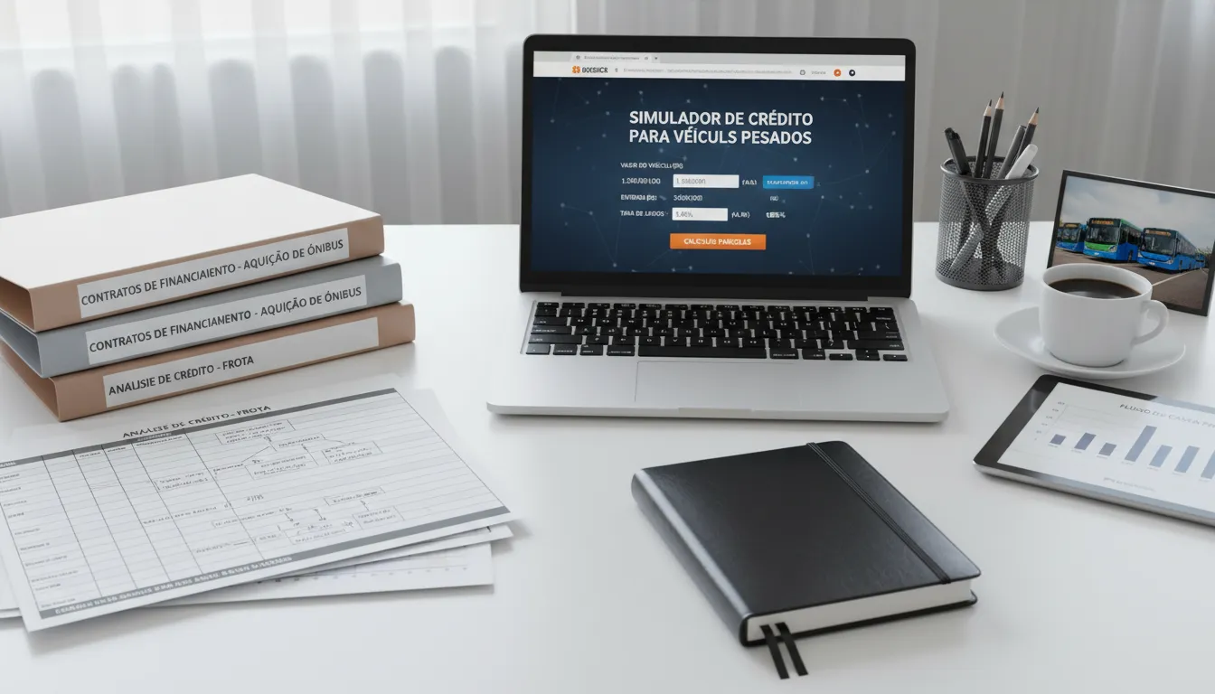 Mesa com planilhas e contratos ilustrando análise financeira de aquisição de ônibus.