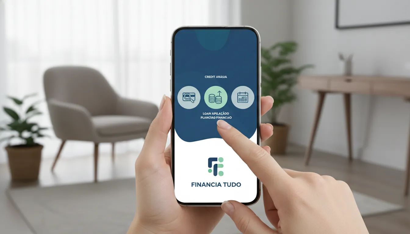 Mãos usando aplicativo financeiro no smartphone, simplificando acesso ao crédito e como funciona análise de risco.