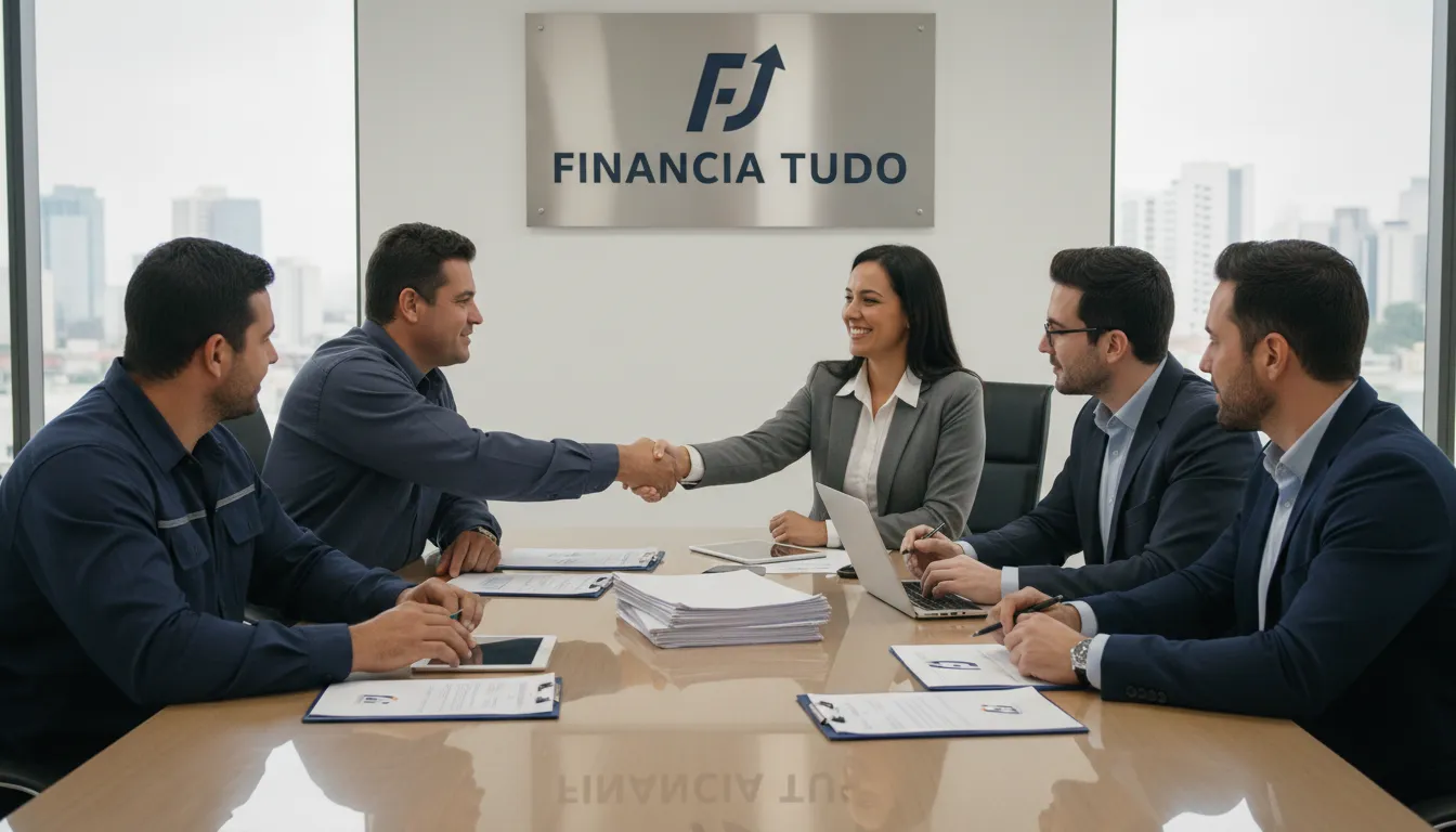 Caminhoneiros e consultores financeiros colaborando com a Financia Tudo para encontrar as melhores opções de crédito para caminhoneiro em um ambiente de confiança.