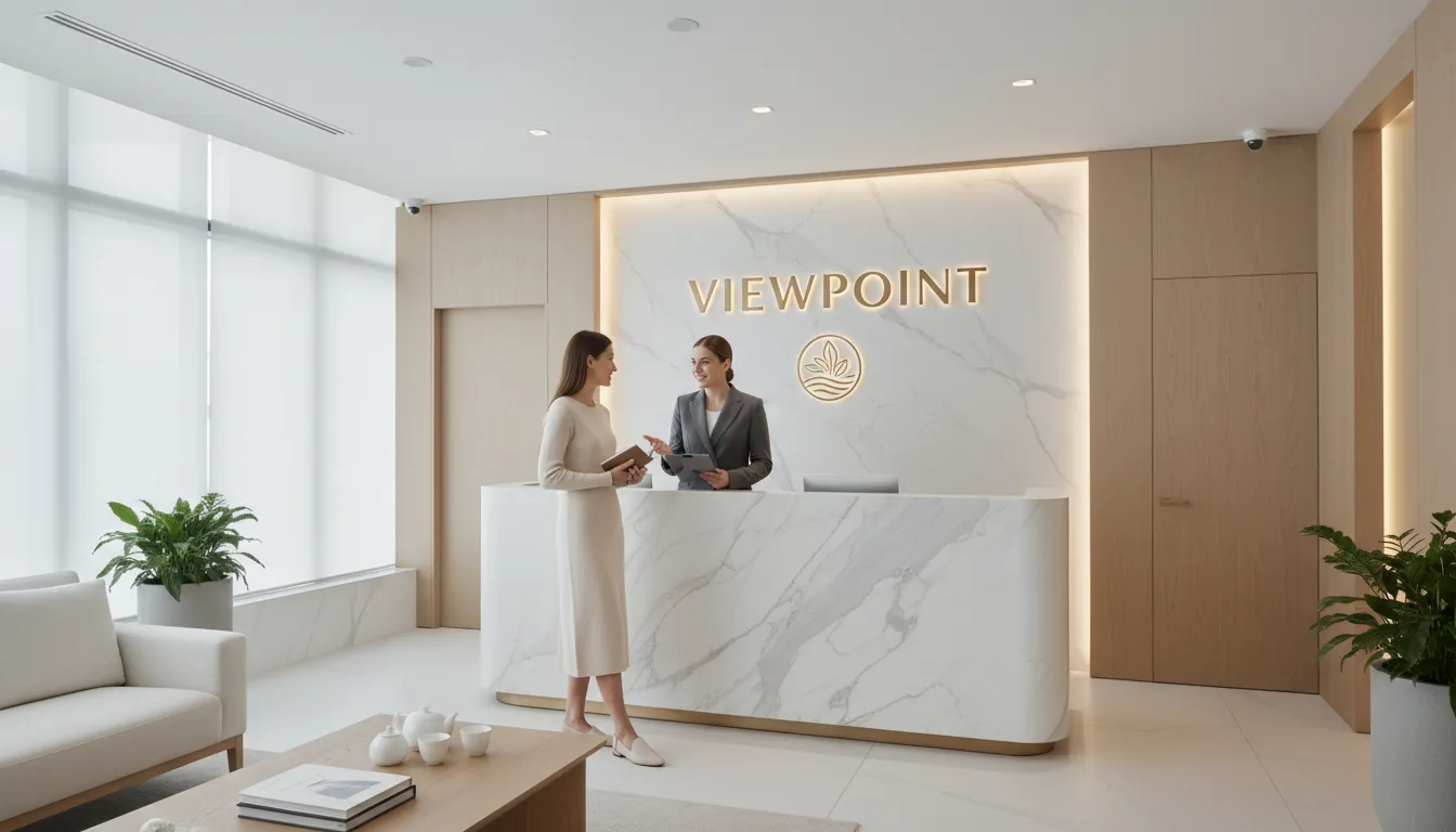 Recepção de uma clínica wellness de alto padrão, transmitindo posicionamento premium e serviço de alta qualidade. Perfeito para campanhas de mensagem automática whatsapp business.