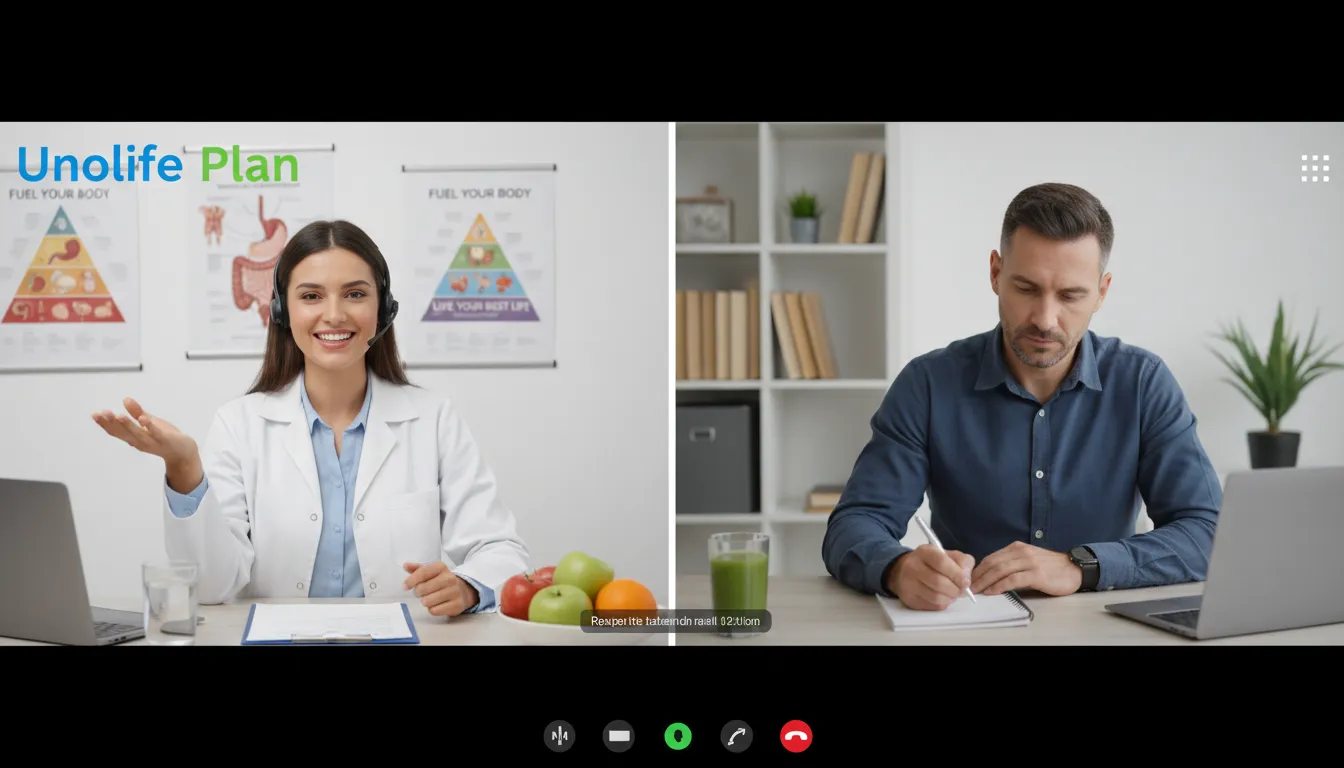 Nutricionista explicando um plano alimentar online personalizado via videochamada. A Unolife te ajuda a encontrar o melhor plano alimentar online.