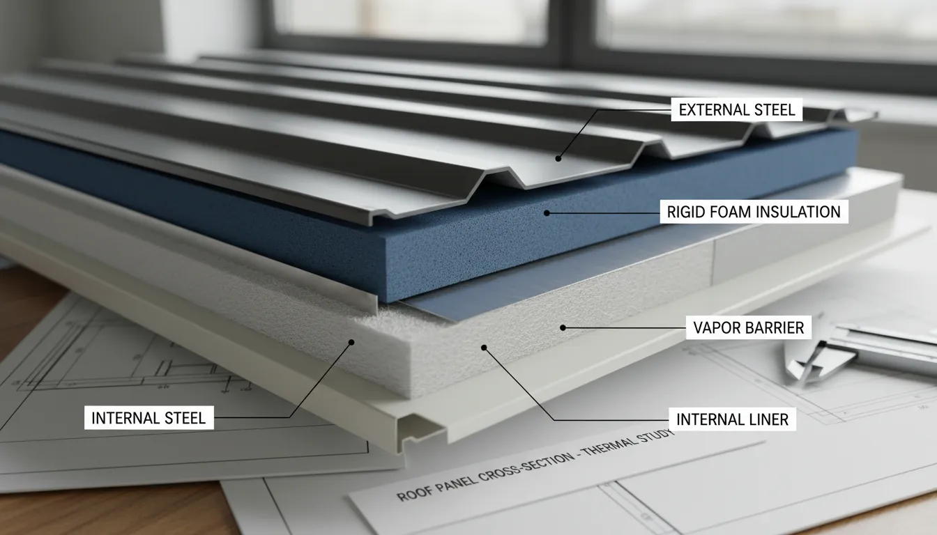 Detalhe de corte de telha metálica sanduíche mostrando o núcleo isolante no contexto industrial