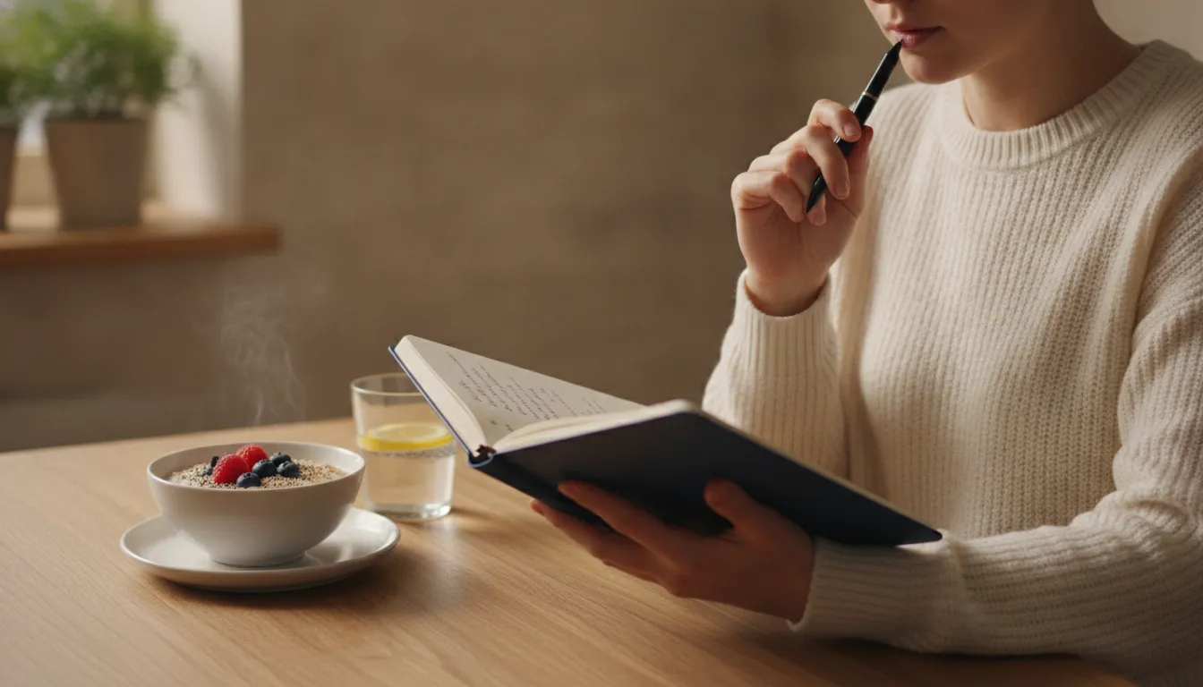 Pessoa planejando refeições com caderno e caneta, com lanche saudável por perto, focando alimentação no inverno.