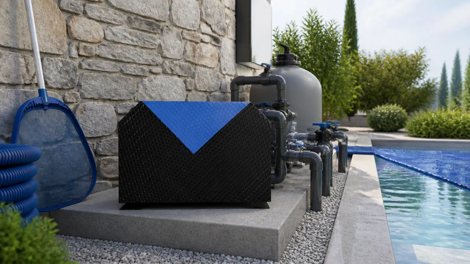 Equipamento instalado para manter piscina aquecida com eficiência e conforto.
