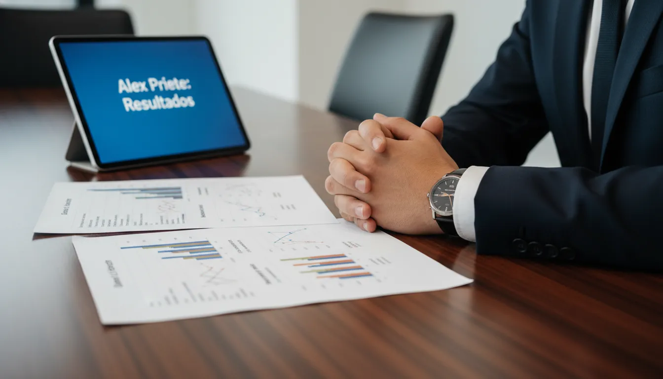 Imagem em close-up de um executivo analisando resultados de Mentoria High Ticket, com gráficos de crescimento e projeções de receita, e um tablet mostrando 'Alex Priete', ilustrando Funil de Mentoria e Sessão Estratégicas.