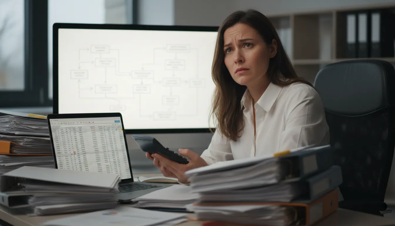 Empreendedor confuso com pilhas de documentos fiscais. A complexidade de abrir LLC nos EUA e seus impostos.
