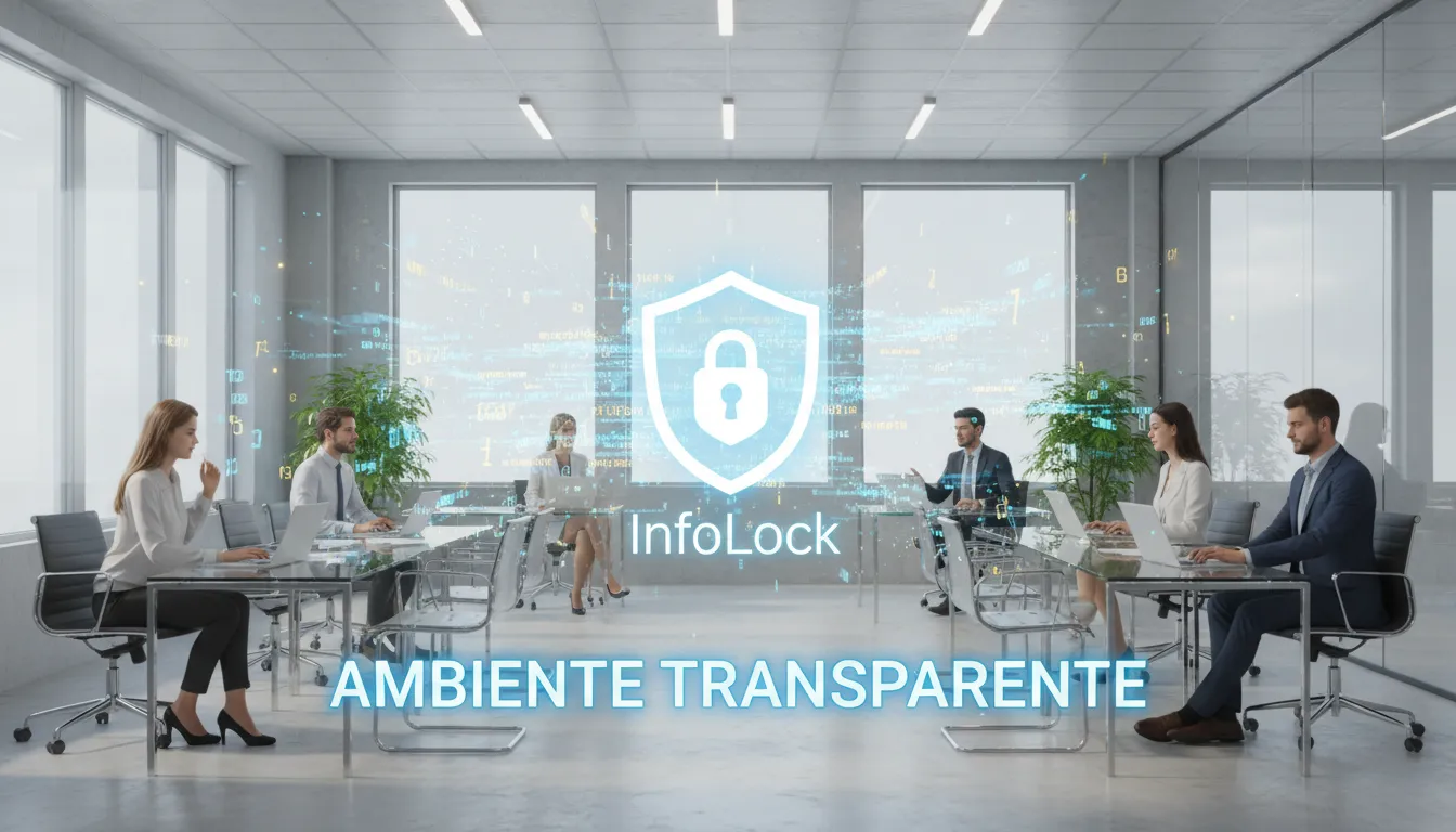 Ambiente de trabalho transparente e seguro, com sistemas InfoLock, demonstrando os benefícios de prevenir conflito de interesses e promover integridade.