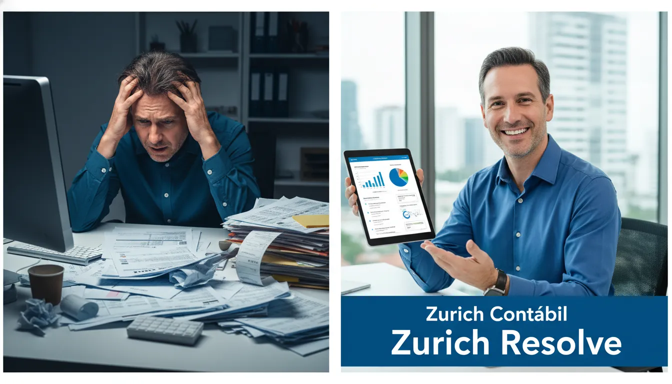 Imagem dividida mostrando a frustração com impostos e a solução da Zurich Contábil, simplificando a substituição tributária do ICMS para o empresário.