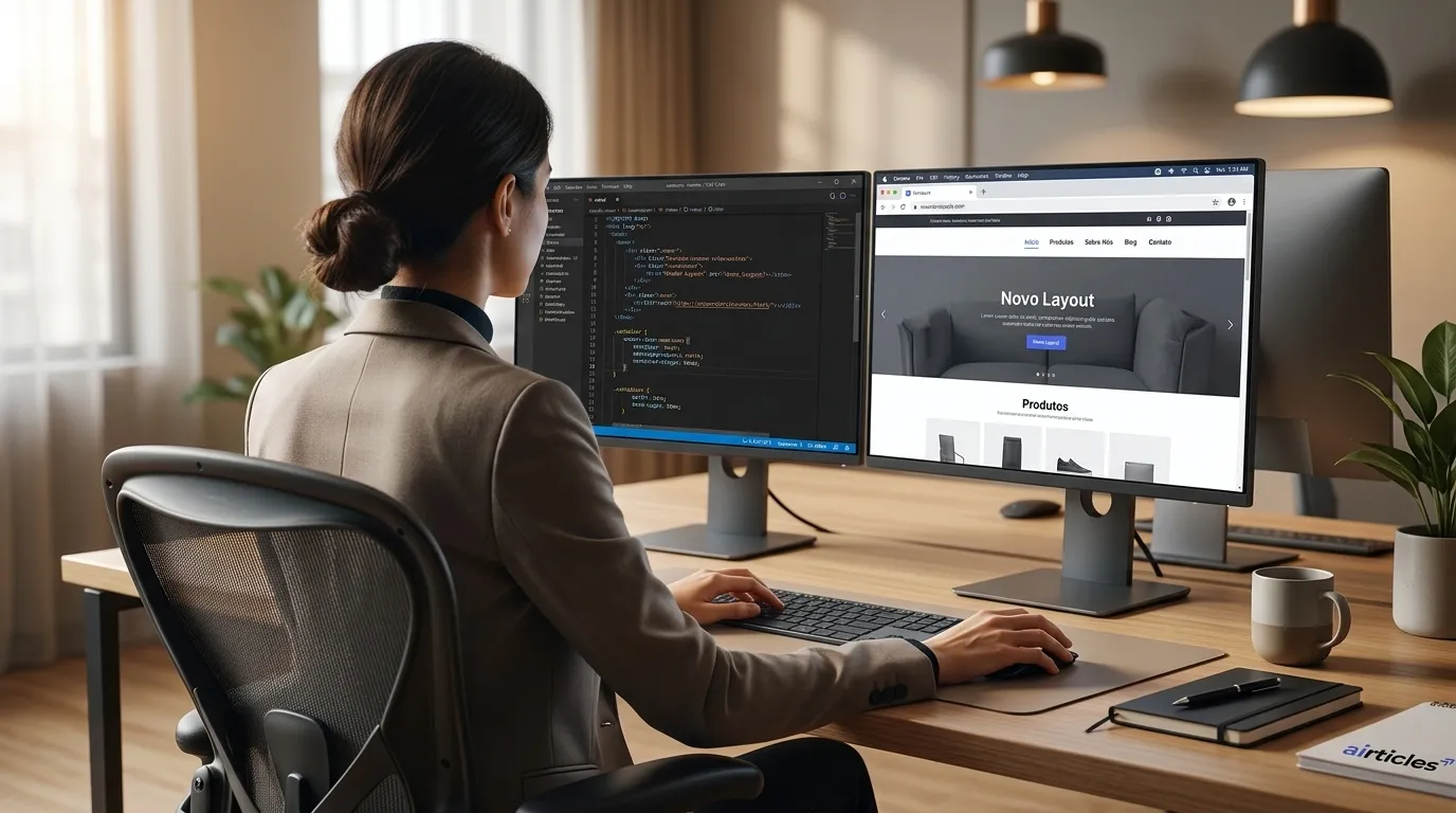 Monitor duplo exibe código e design de como você organiza front para projetos modernos.