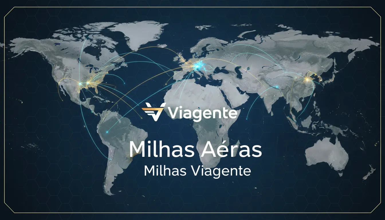 Um mapa mundial com linhas brilhantes conectando cidades, simbolizando o uso de milhas aéreas para viagens globais com a Viagente.