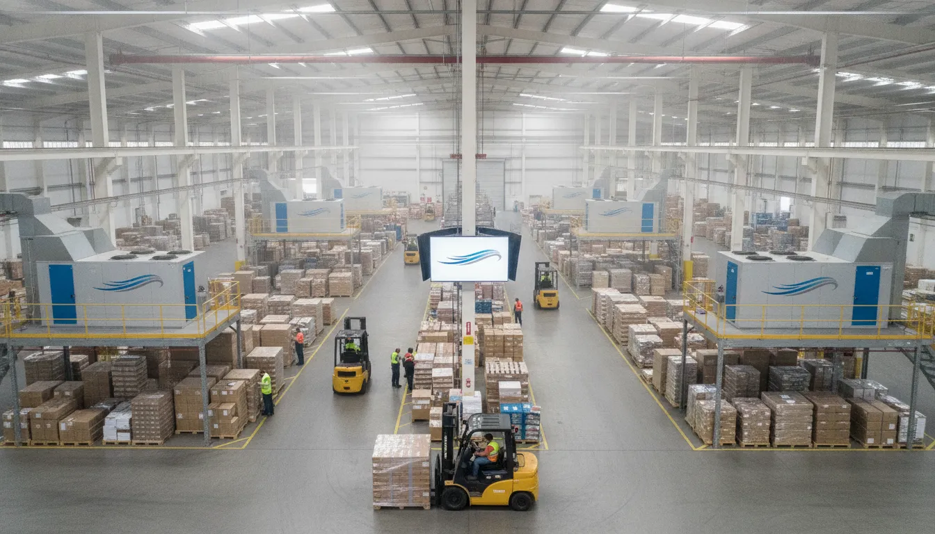 Múltiplos climatizadores evaporativos industriais MegaVent distribuídos em um grande galpão fabril.
