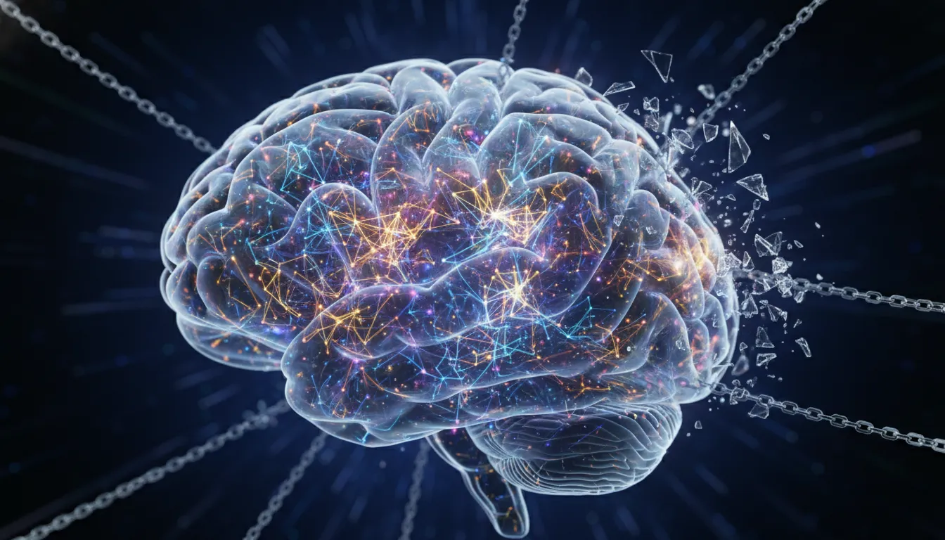 Cérebro transparente com neurônios brilhantes e barreiras quebrando, ilustrando a psicanálise e o inconsciente.