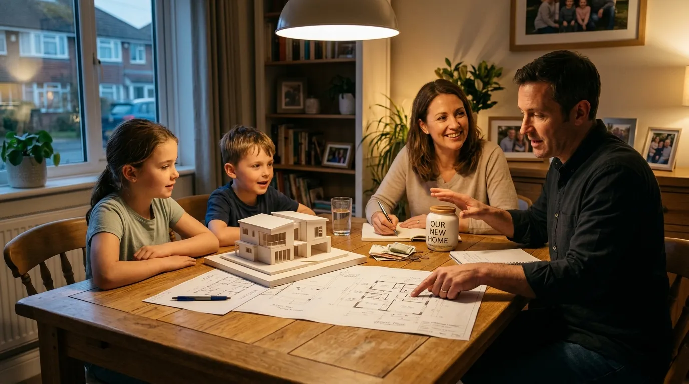 Família definindo objetivos ao organizar vida financeira para conquistar a casa própria.