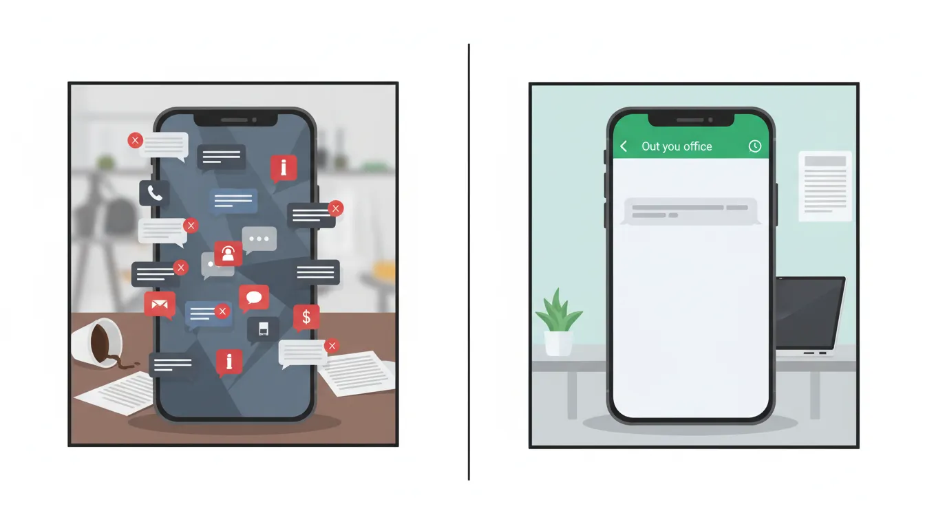 Ilustração comparando o caos da falta de uma mensagem de ausência no WhatsApp com a organização proporcionada por uma resposta automática.