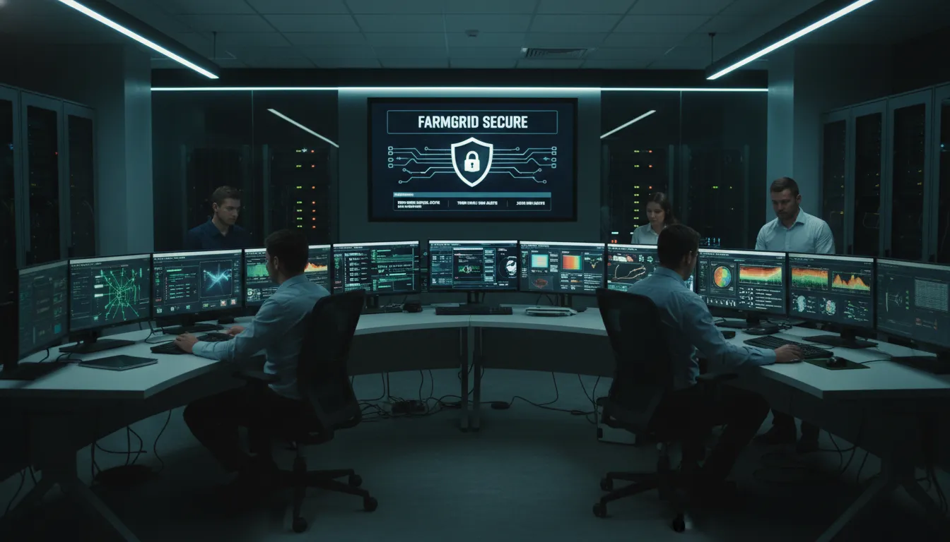Centro de operações agrícola monitorando segurança digital e conectividade no campo em tempo real