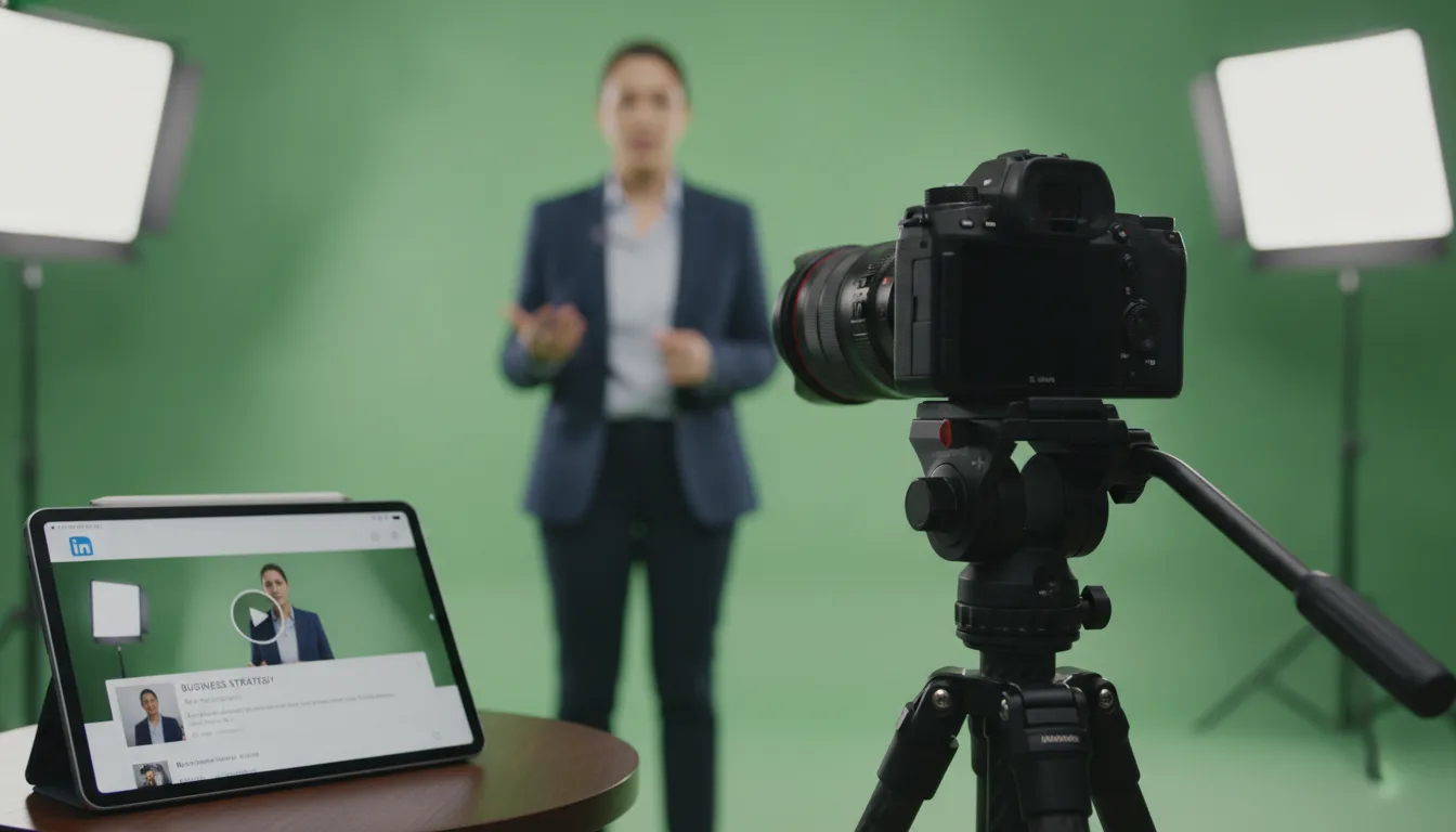 Câmera profissional grava vídeo em estúdio, destacando produção de conteúdo para linkedin para empresas.