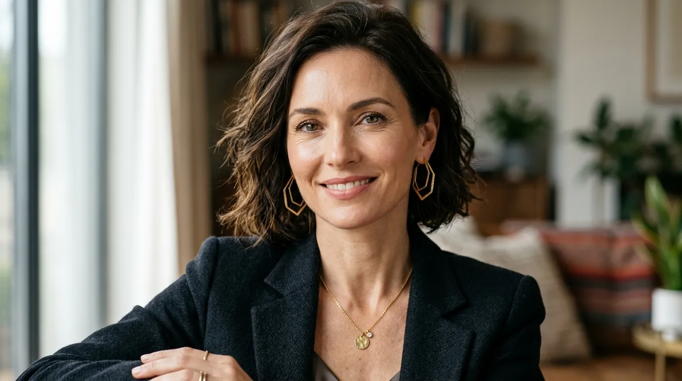 Retrato de mulher confiante com colar de ouro minimalista das 55 Hottest Women modernas.