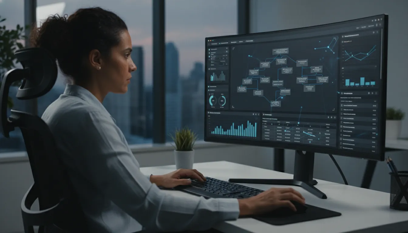 Profissional de TI utilizando ferramentas avançadas de data mapping em um dashboard interativo para inventariar dados.