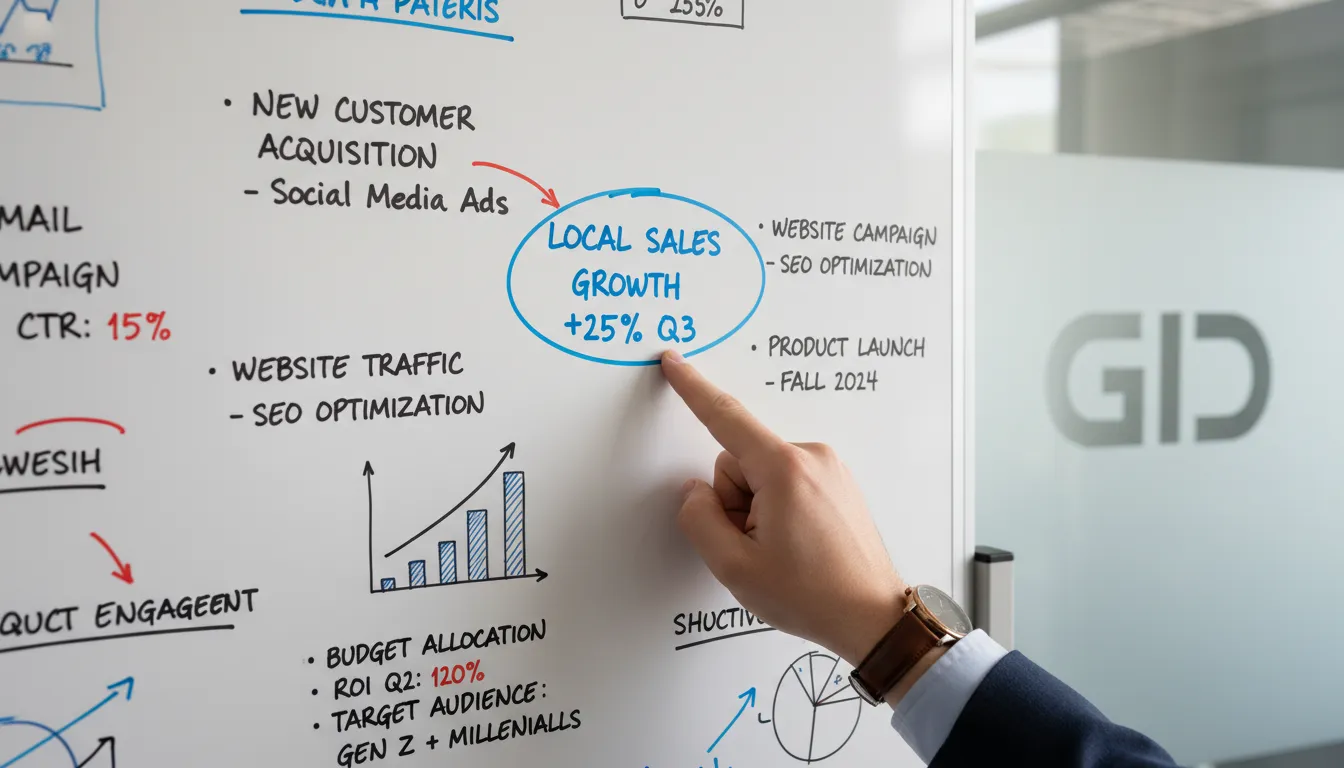 Estrategias de un gestor de tráfico ventas en pizarra, con enfoque en el crecimiento de ventas locales y la marca GID presente.