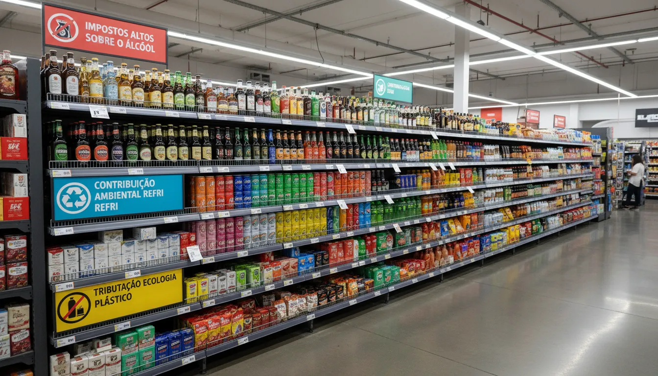 Seção de supermercado com produtos sujeitos ao imposto seletivo destacados e etiquetas de preço visíveis.