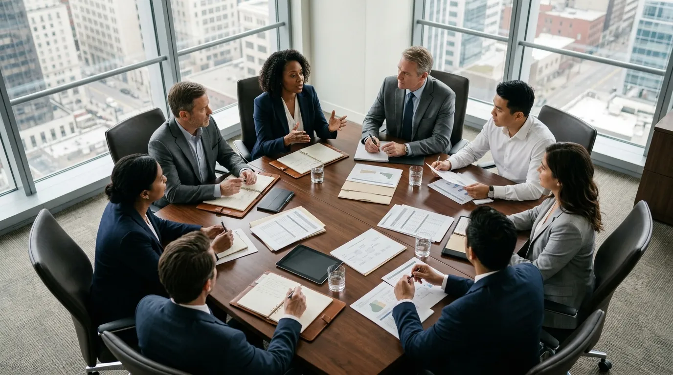 Grupo de executivos reunido em mesa redonda debatendo networking para negócios financeiros corporativos.