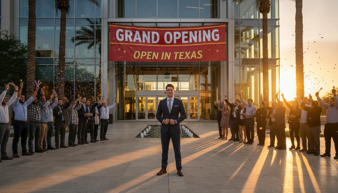 A 'Grand Opening' banner in front of a modern building in Texas, signifying business success, relating to Como Abrir uma empresa no Texas and establishing a presence.