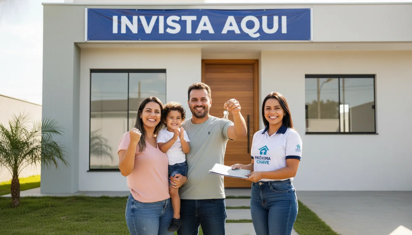 Família recebendo as chaves da nova casa em José Bonifácio SP, com a Próxima Chave, destacando a felicidade da conquista e a facilidade do processo.