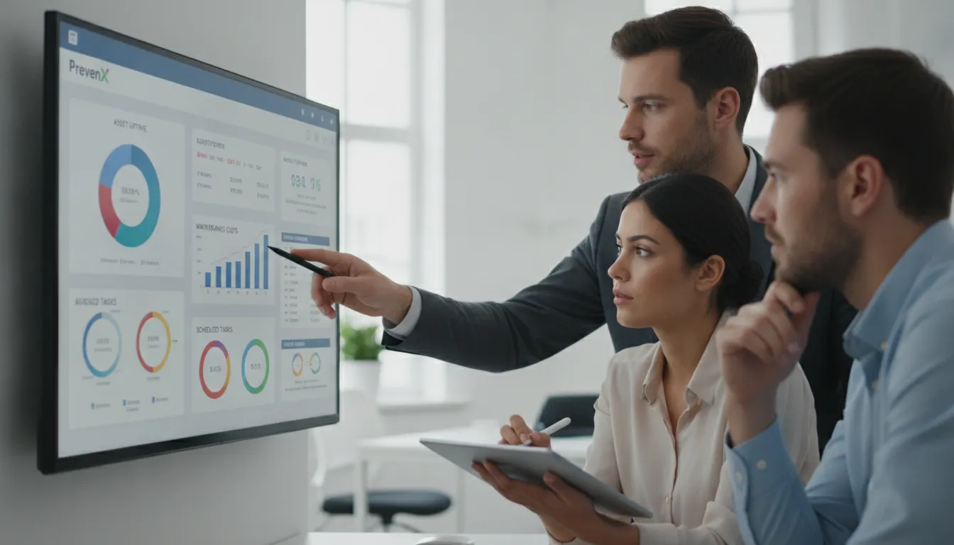 Profissionais de escritório analisam dados de software gestão da manutenção, planejando estratégias eficientes.