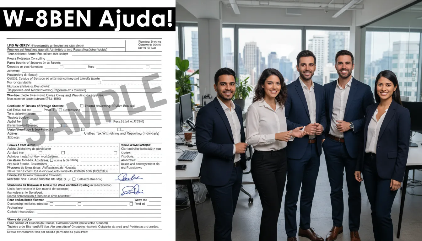 Tela dividida mostrando o formulário W-8BEN e a equipe da Prezzo Consulting, transmitindo suporte completo no processo de Como preencher W-8BEN.