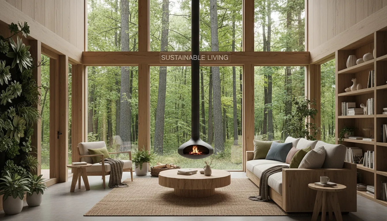 Sala de cabana de luxo ecológica, decoração sofisticada com vista ampla para a floresta.