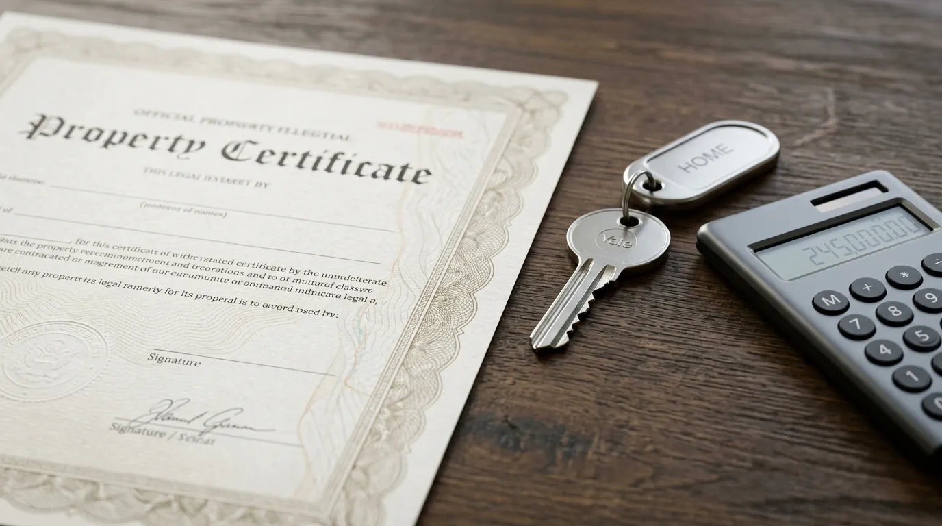 Detalhe de certidão de matrícula do imóvel para crédito e chaves residenciais em ambiente seguro.