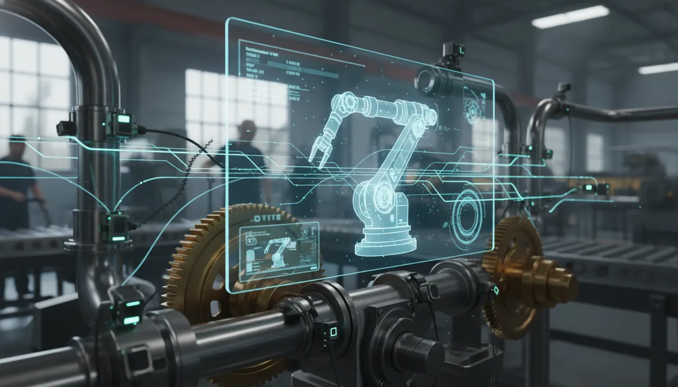 Sensores IoT alimentam gêmeos digitais, visualizando dados de telemetria para otimização de processos industriais.