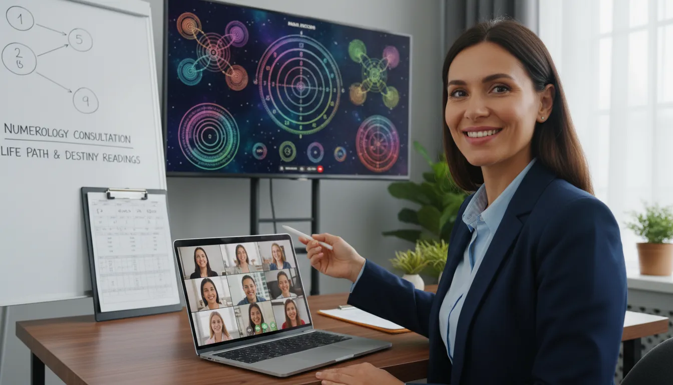 Especialista orientando sessão de numerologia online, ambiente profissional