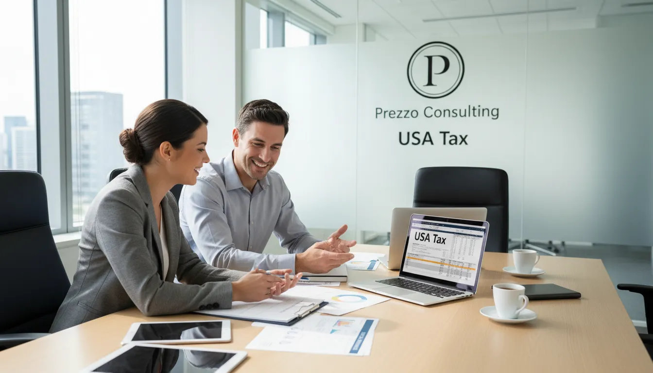 Reunión entre consultores y clientes discutiendo estrategias financieras para Como pagar menos impuestos en Estado Unidos, ofrecido por Prezzo Consulting.