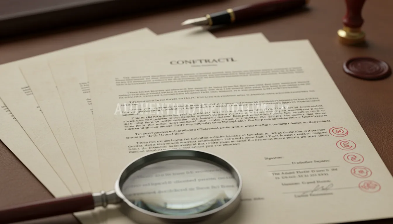 Close-up de páginas de contrato com rubricas distintas nos cantos inferiores