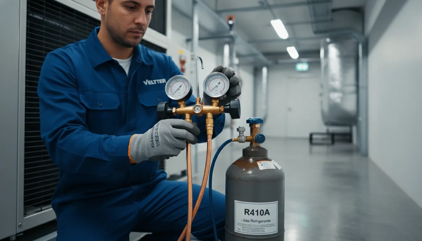 Técnico da Veltter realiza retrofit em sistema de climatização comercial, substituindo o antigo gás refrigerante R22 por fluido moderno e eficiente.