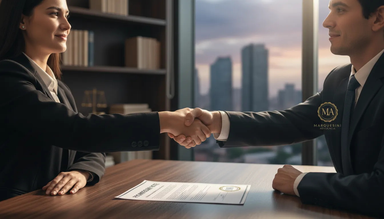 Parceiros de negócios selando um acordo com uma nota promissória, representando a consultoria da Marquesini Advocacia.