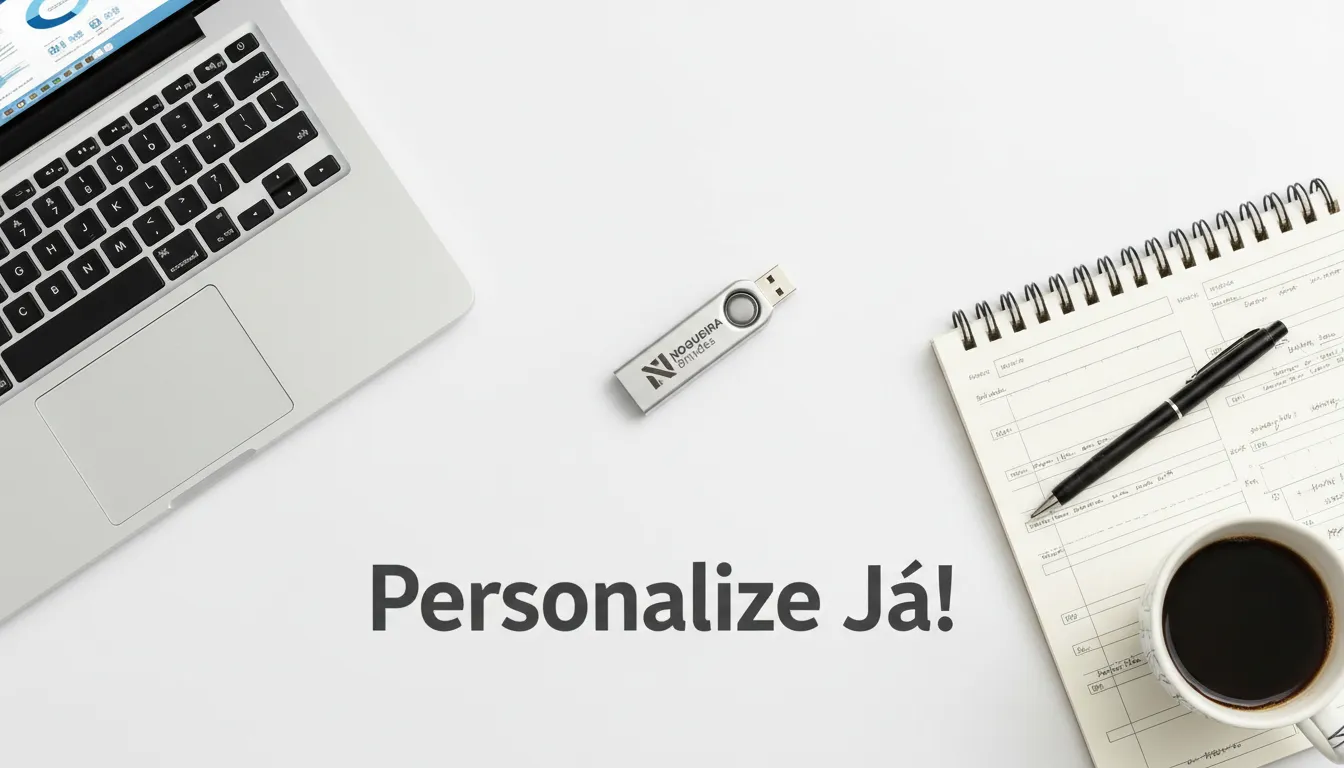 Imagem minimalista de um pen drive personalizado da Nogueira Brindes ao lado de um laptop e notebook, simbolizando a utilidade e o design inovador.