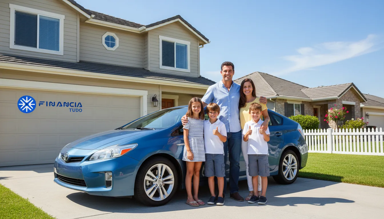 Família feliz em frente ao carro refinanciado, simbolizando o sucesso no refinanciamento de veículo financiado.